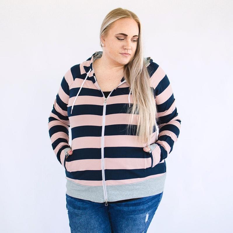Toula Love | Navy and Pink Striped Sweater | Women's Full Zip
