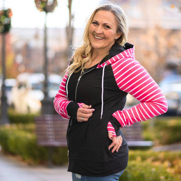 Trixie Womens Full Zip Hoodie, black body with pink and white stripe sleeves and accents, long sleeve womens hoodie, womens clothing, - Shop7degrees