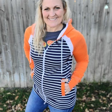 True Blue Full Zip Hoodie, dark blue and white striped body with orange sleeve and accents, womens full zip hoodie, double zipper - Shop7degrees