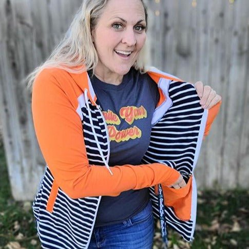 True Blue Full Zip Hoodie, dark blue and white striped body with orange sleeve and accents, womens full zip hoodie, double zipper, inside pocket - Shop7degrees