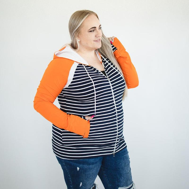 True Blue Full Zip Hoodie, dark blue and white striped body with orange sleeve and accents, womens full zip hoodie, double zipper, plus size womens hoodie, shown in size 2X - Shop7degrees