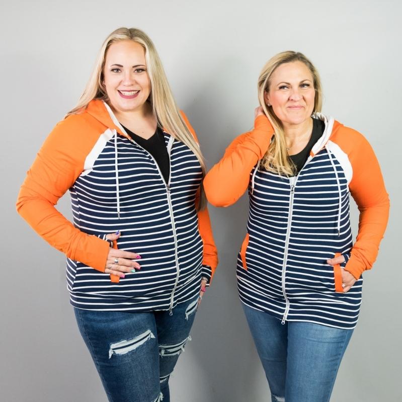 True Blue Full Zip Hoodie, dark blue and white striped body with orange sleeve and accents, womens full zip hoodie, double zipper, plus size womens clothing, shown in size 2X and Large- Shop7degrees