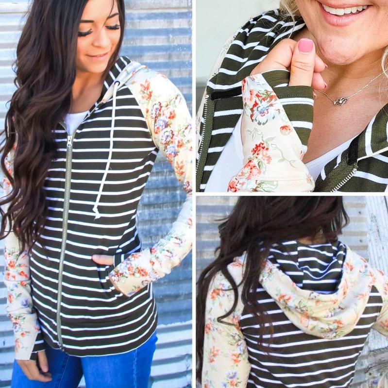 Gallery View - Tuscany Full zip Womens hoodie, olive striped body with floral sleves, longer body, longer sleeves with thumbholes, deep lined hood