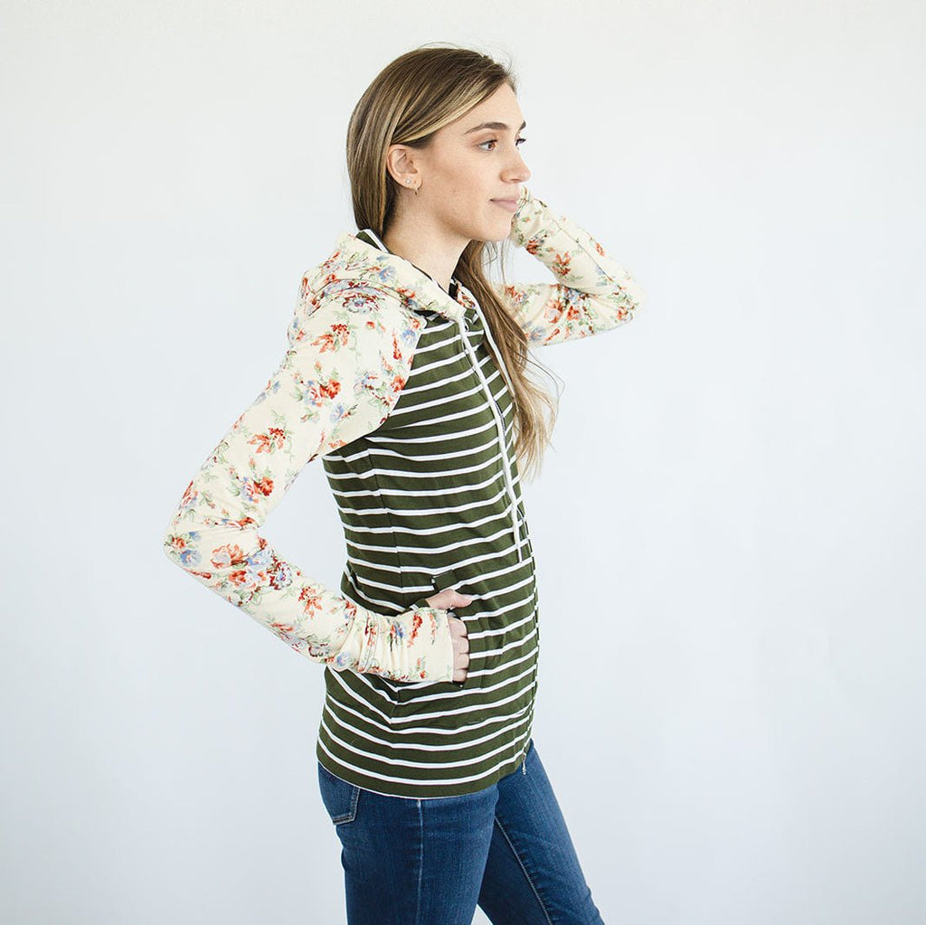 Tuscany Full zip Womens hoodie, olive striped body with floral sleves, longer body, longer sleeves with thumbholes, deep lined hood, shown in size Small - Shop7degrees