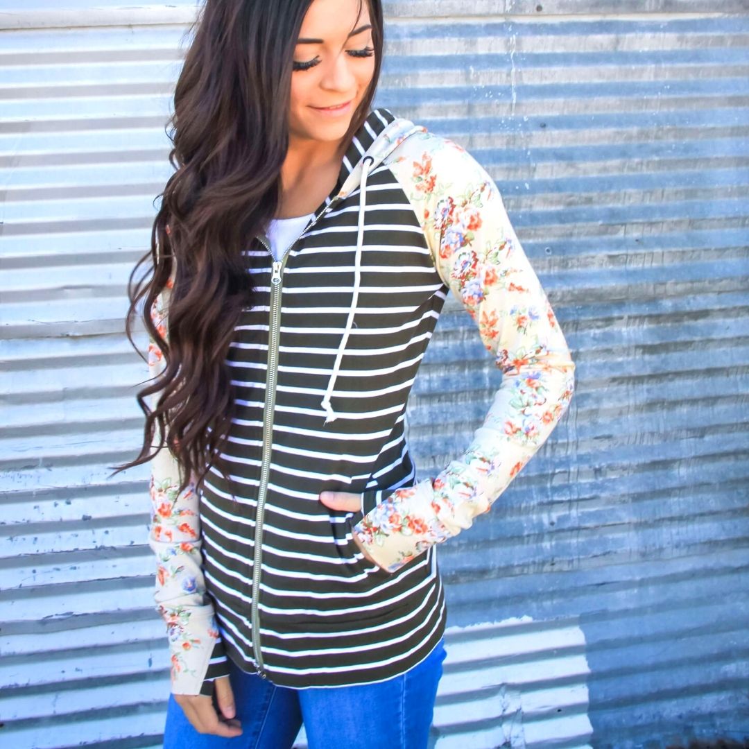 Tuscany Full Zip | Olive Green Hoodie for Women | Pink Floral