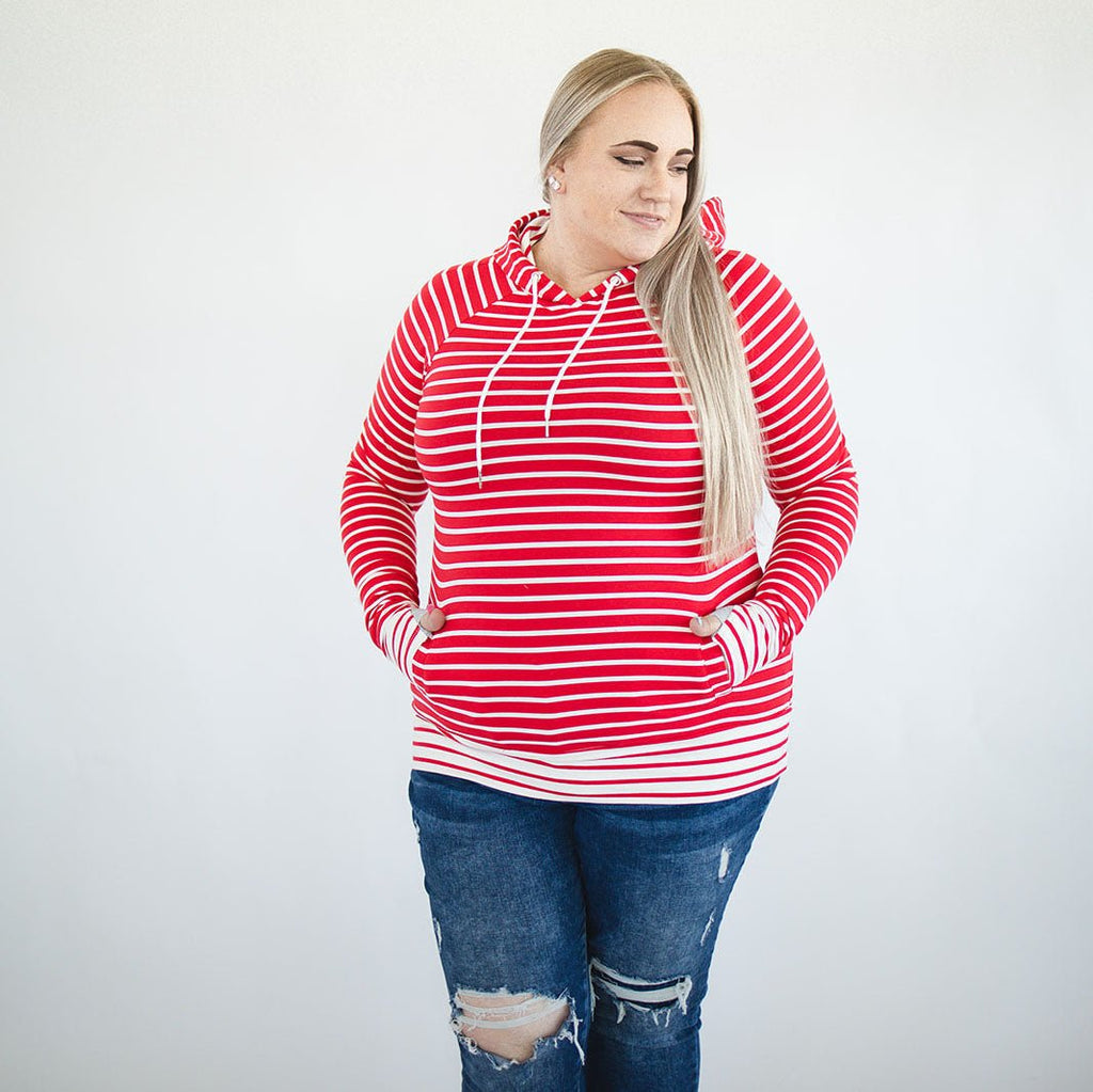 Twisted Peppermint Pullover, red and white striped womens top, womens long sleeve pullover, long sleeve with thumbholes, plus size womens clothing, shown in size 2X - Shop7degrees