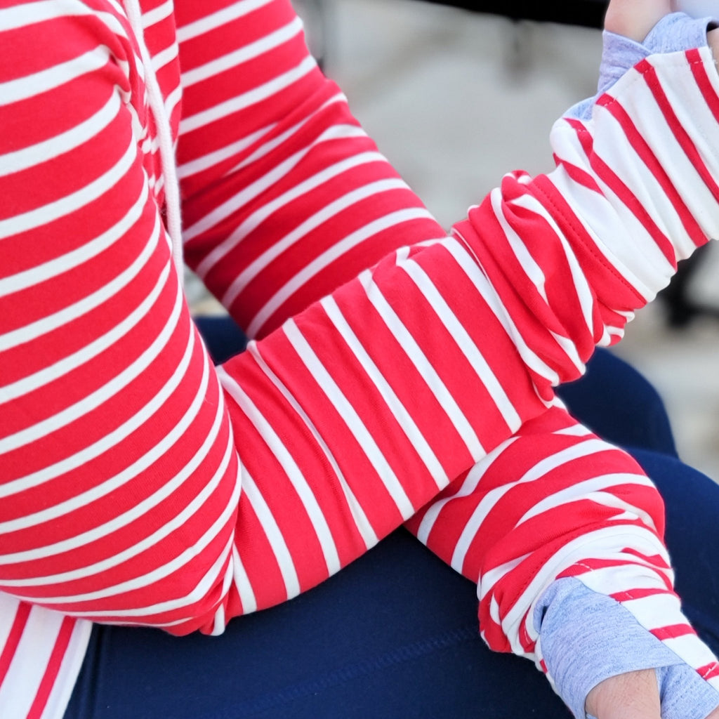 Twisted Peppermint Womens Pullover, long sleeves with comfortable thumbholes, grey accent thumbholes, red and white striped womens pullover, Shop7degrees