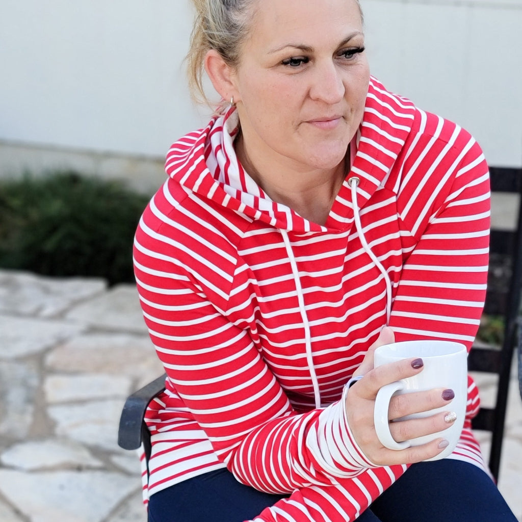 Twisted Peppermint Pullover, red and white striped womens top, womens long sleeve pullover, long sleeve with thumbholes, shown in size large - Shop7degrees