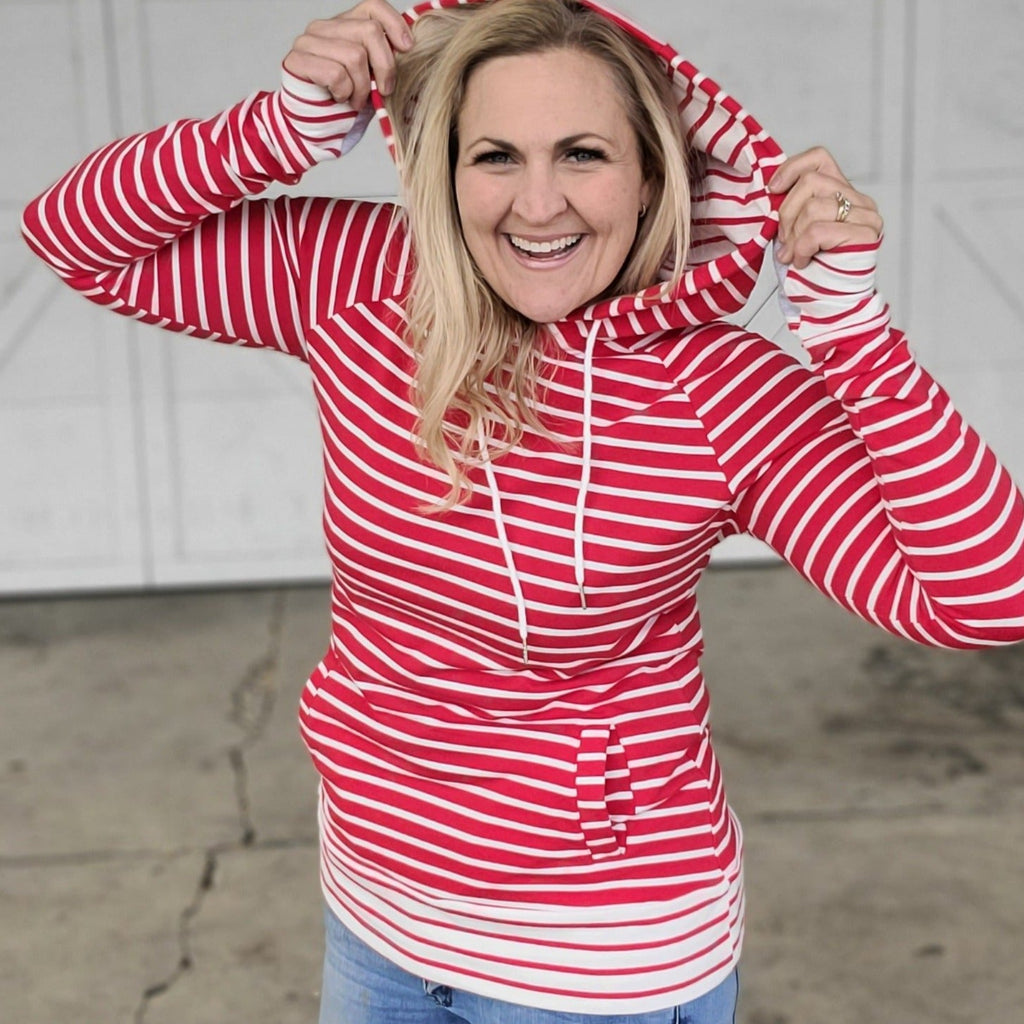 Twisted Peppermint Pullover, hourglass shape, kangaroo pocket, red and white striped womens top, womens long sleeve pullover, long sleeve with thumbholes, extra large hood - Shop7degrees