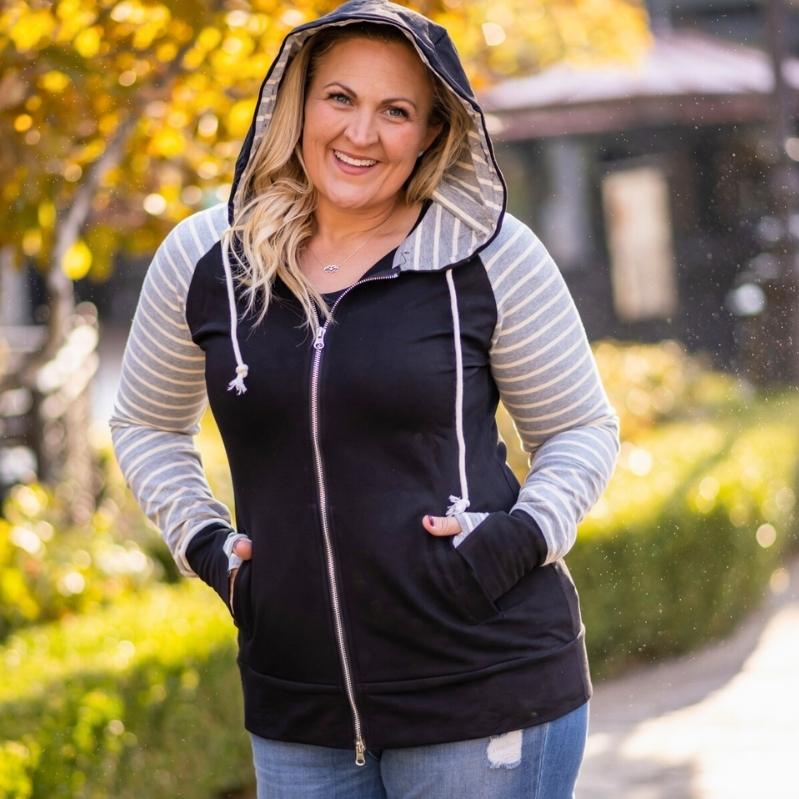 Varsity Black Full Zip Woman's Hoodie, black body with grey and white stripe sleeves and accents, long sleeve womens hoodie, extra large hood, shown in size large - Shop7degrees