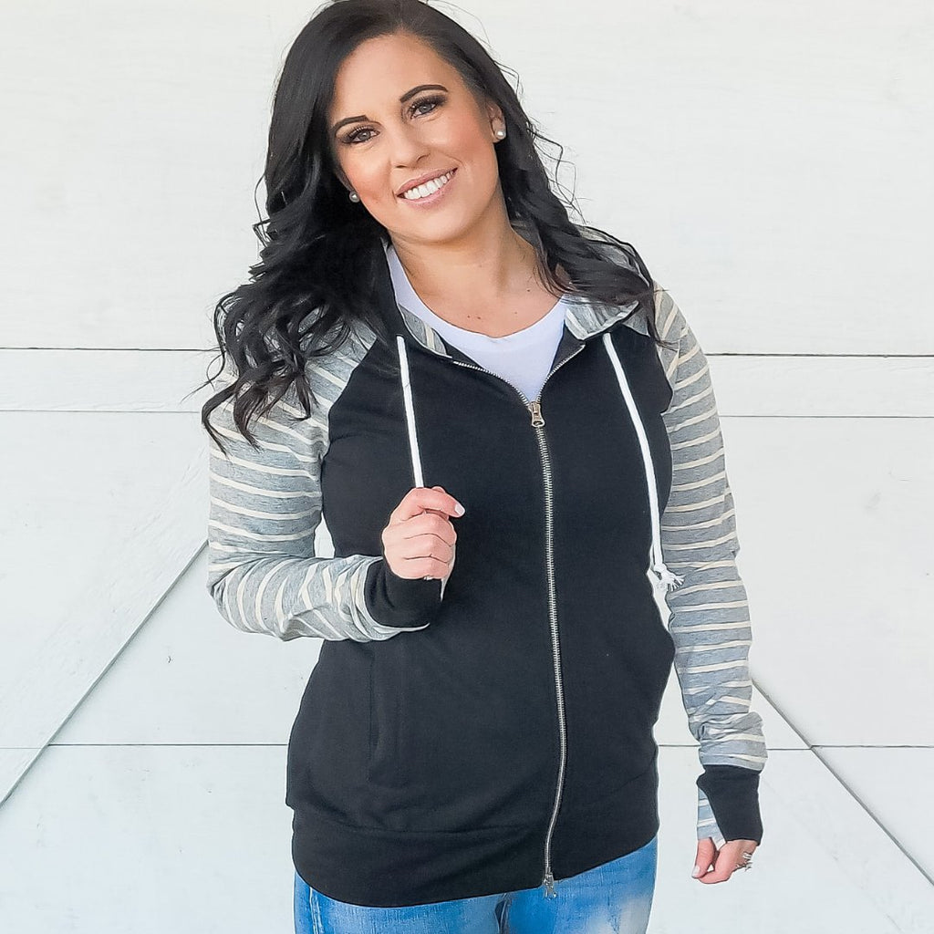 Varsity Black Full Zip Woman's Hoodie, black body with grey and white stripe sleeves and accents, long sleeve womens hoodie, shown in small - Shop7degrees