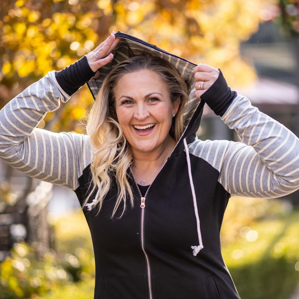 Varsity Black Full Zip Woman's Hoodie, black body with grey and white stripe sleeves and accents, long sleeve womens hoodie, extra large hood - Shop7degrees