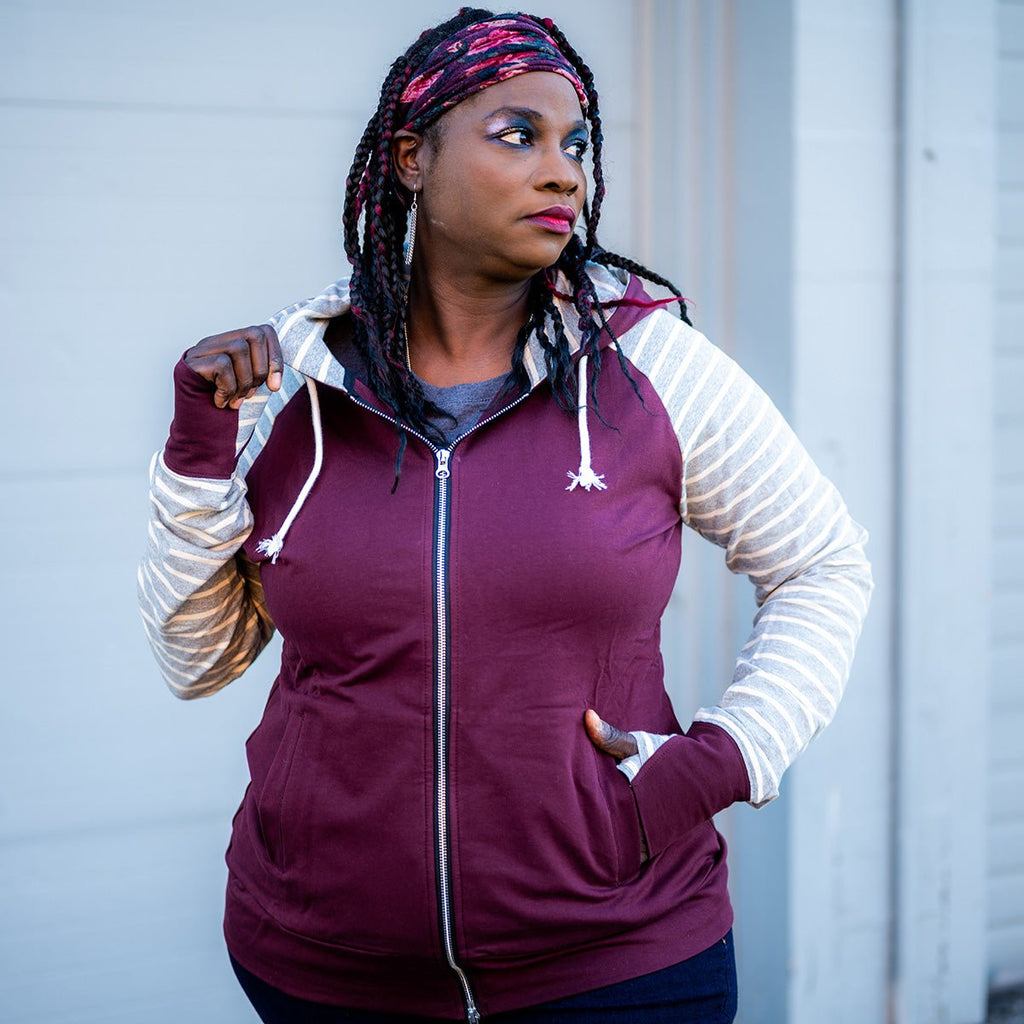 Varsity Full Zip Woman's Hoodie, maroon body with grey and white striped long sleeves, double zipper hoodie, long sleeve with thumbholes, plus size womens clothing shown in size 1X - Shop7degrees