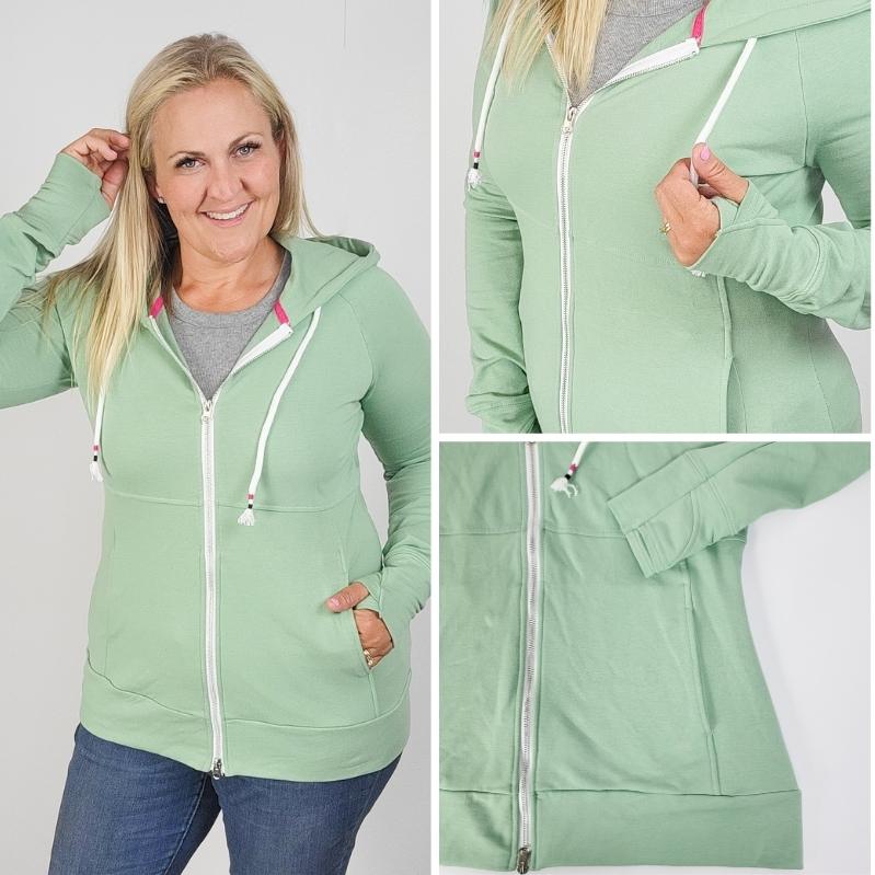 Gallery detail view Willow Womens Full-Zip Hoodie, light green womens hoodie, double zipper, longer body, long sleeve with thumbholes - Shop7degrees