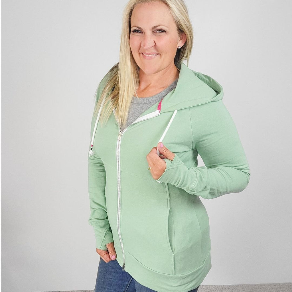 Willow Womens Full-Zip Hoodie, light green womens hoodie, double zipper, long sleeve with thumbholes, casual womens hoodie, shown in size large - Shop7degrees