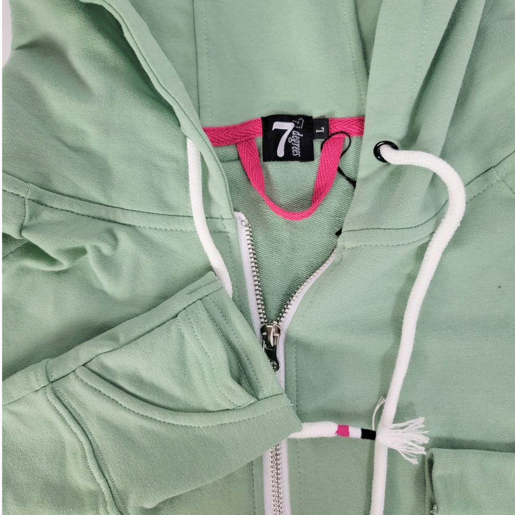 Willow Womens Full-Zip Hoodie, light green womens hoodie with pink accent, double zipper, long sleeve with thumbholes - Shop7degrees