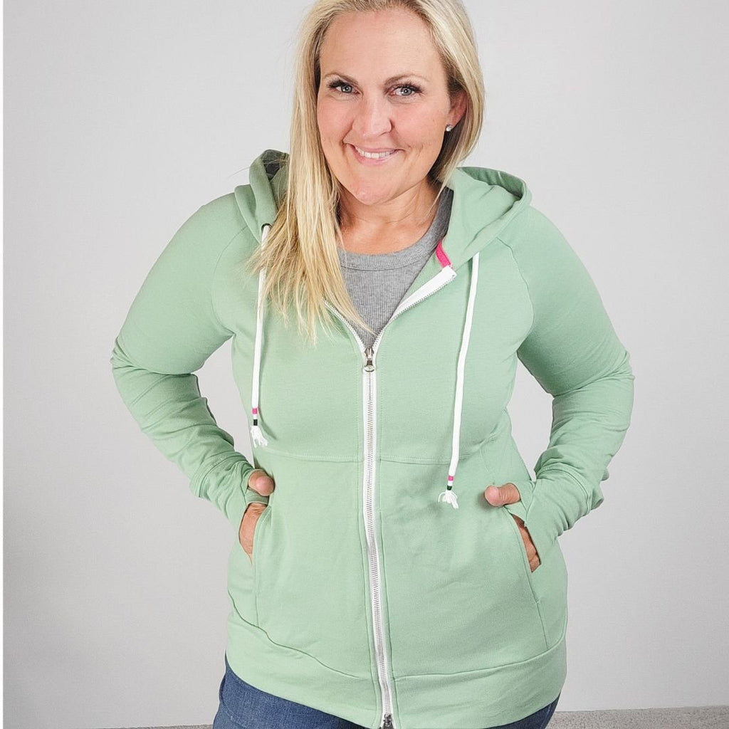Willow Womens Full-Zip Hoodie, light green womens hoodie, double zipper, long sleeve with thumbholes - Shop7degrees