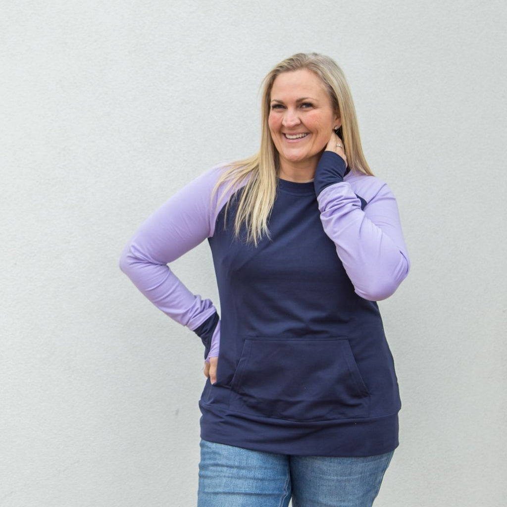 Ziggy Crew Neck, womens long sleeve pullover, pullover with thumbholes, lavender and navy - Shop7degrees